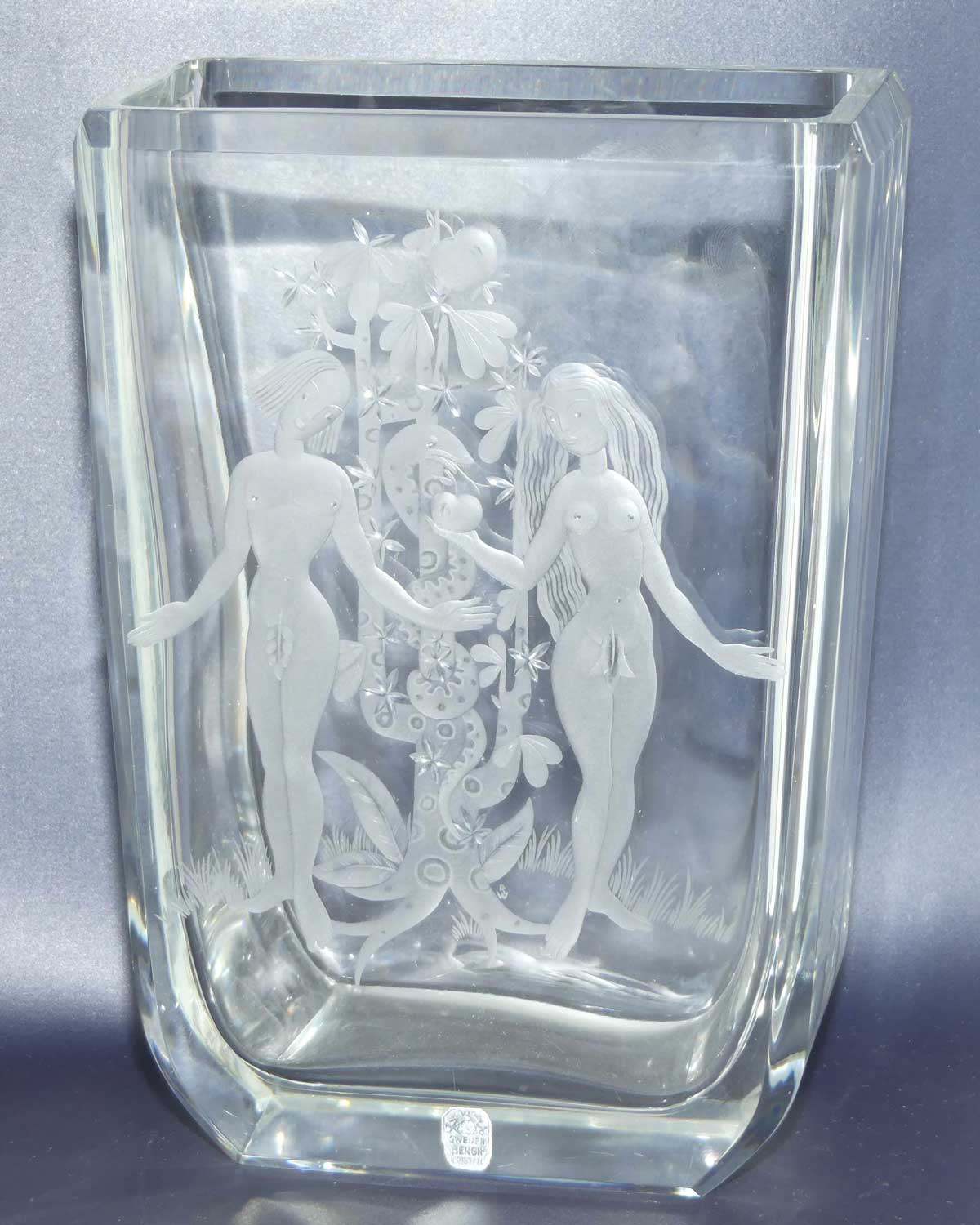 Kosta Sweden Engraved Adam and Eve | Garden of Eden vase by Elis Bergh