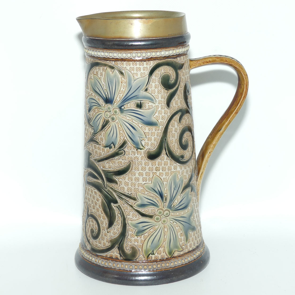Doulton Lambeth Louisa E Edwards stoneware ale jug with applied beads and incised foliage