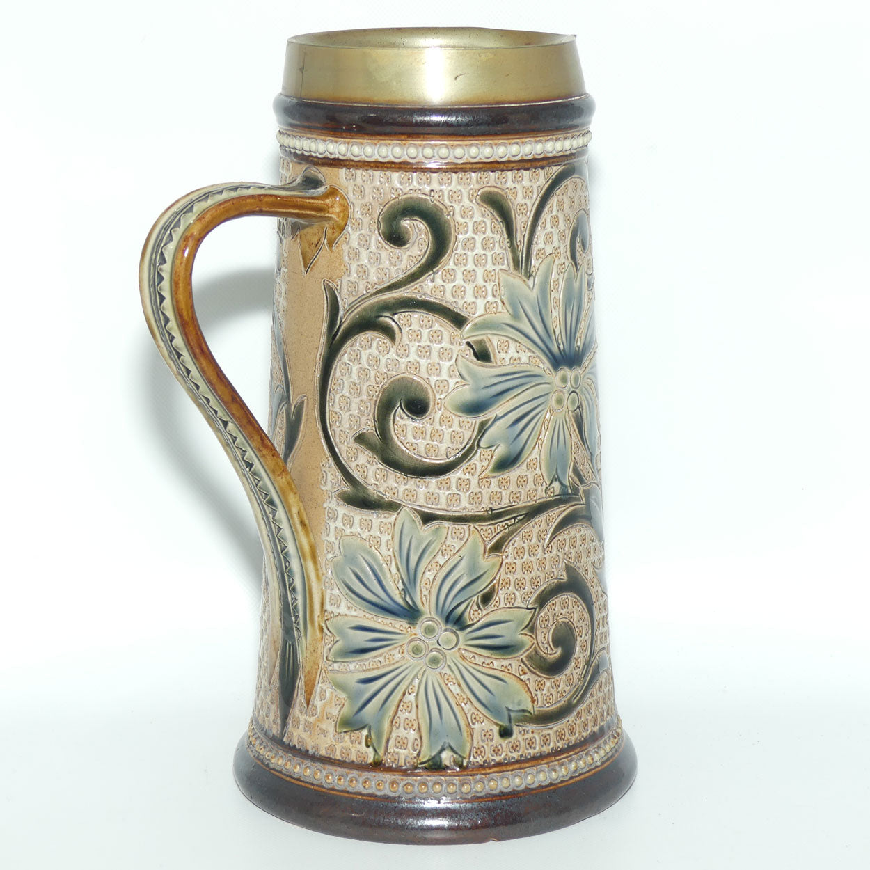Doulton Lambeth Louisa E Edwards stoneware ale jug with applied beads and incised foliage