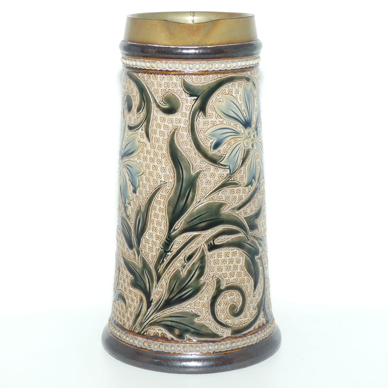Doulton Lambeth Louisa E Edwards stoneware ale jug with applied beads and incised foliage