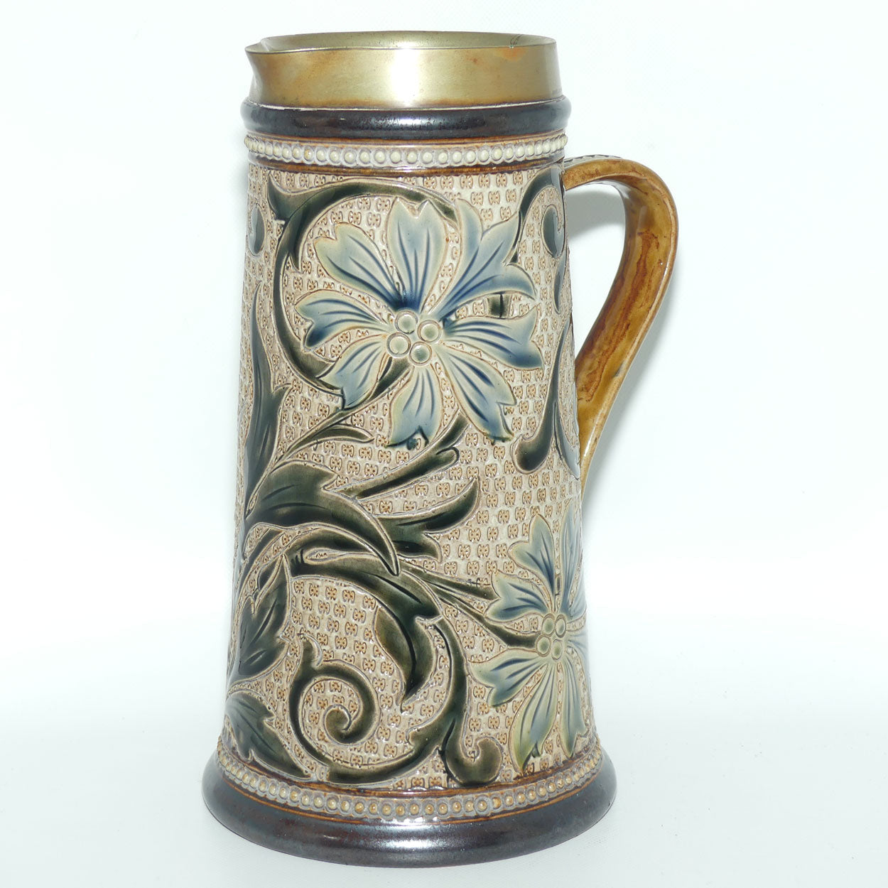 Doulton Lambeth Louisa E Edwards stoneware ale jug with applied beads and incised foliage