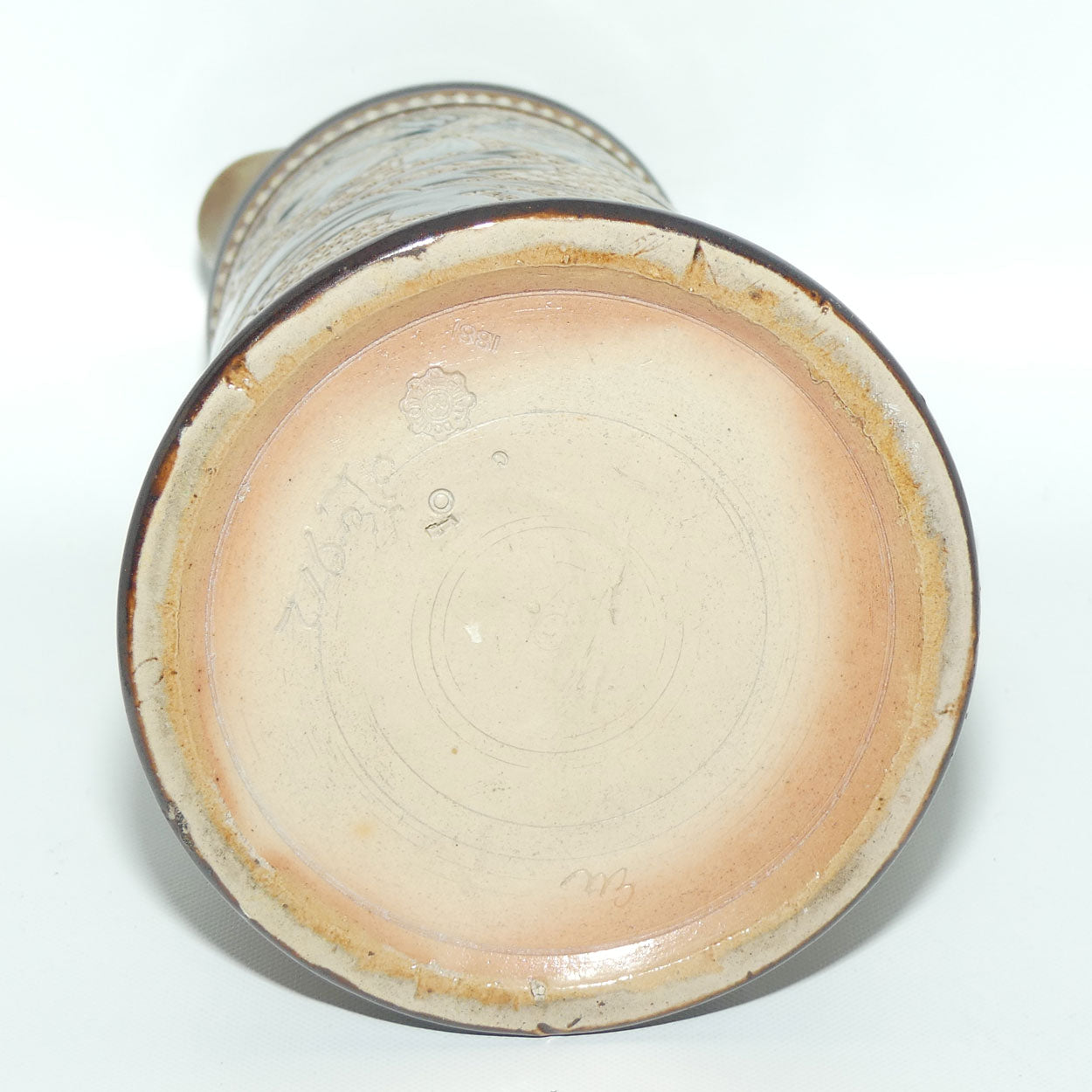 Doulton Lambeth Louisa E Edwards stoneware ale jug with applied beads and incised foliage