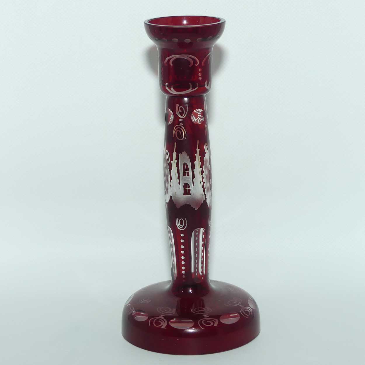 Vintage Egermann Bohemian Ruby Red Cut to Clear Glass Candlestick