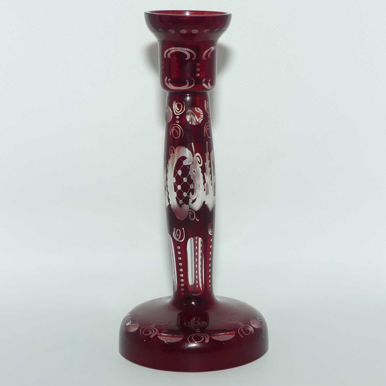 Vintage Egermann Bohemian Ruby Red Cut to Clear Glass Candlestick