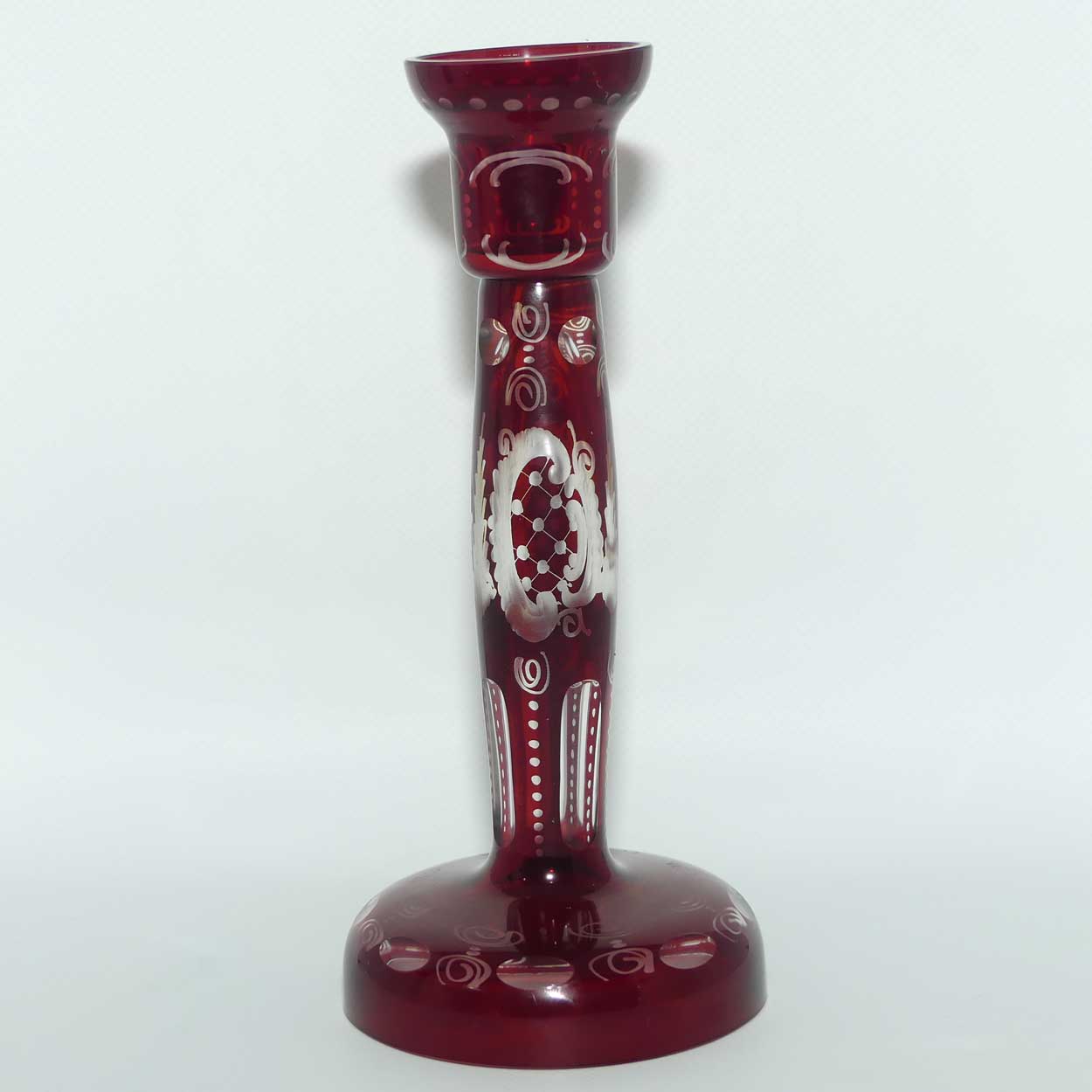 Vintage Egermann Bohemian Ruby Red Cut to Clear Glass Candlestick
