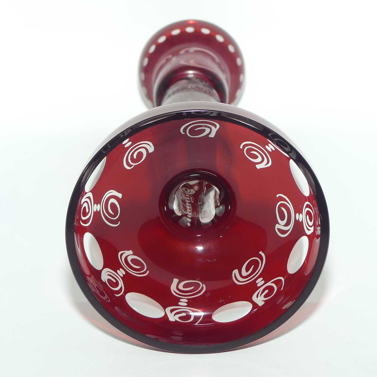 Vintage Egermann Bohemian Ruby Red Cut to Clear Glass Candlestick