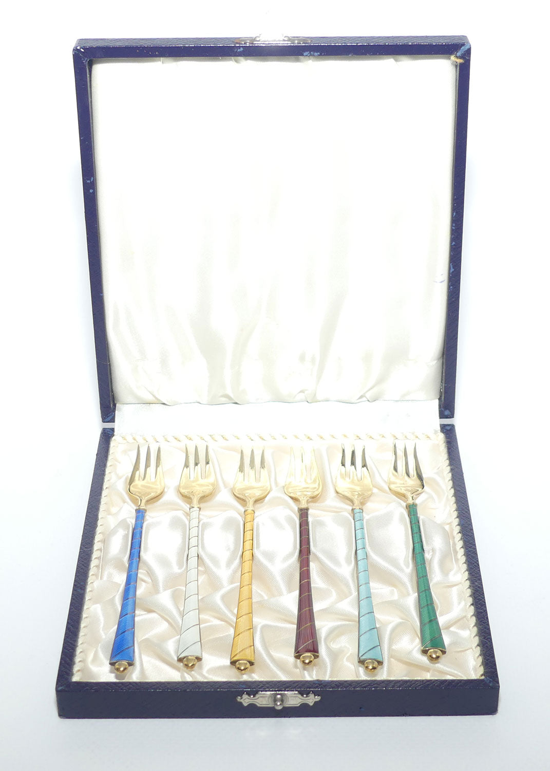 Danish Sterling Silver and Gilt Enamel | Guilloche cocktail forks by Ela Egon Lauridsen | boxed