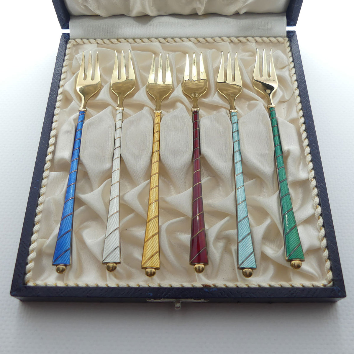 Danish Sterling Silver and Gilt Enamel | Guilloche cocktail forks by Ela Egon Lauridsen | boxed