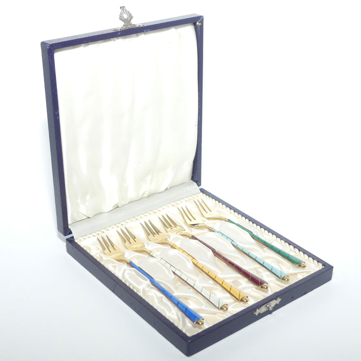 Danish Sterling Silver and Gilt Enamel | Guilloche cocktail forks by Ela Egon Lauridsen | boxed