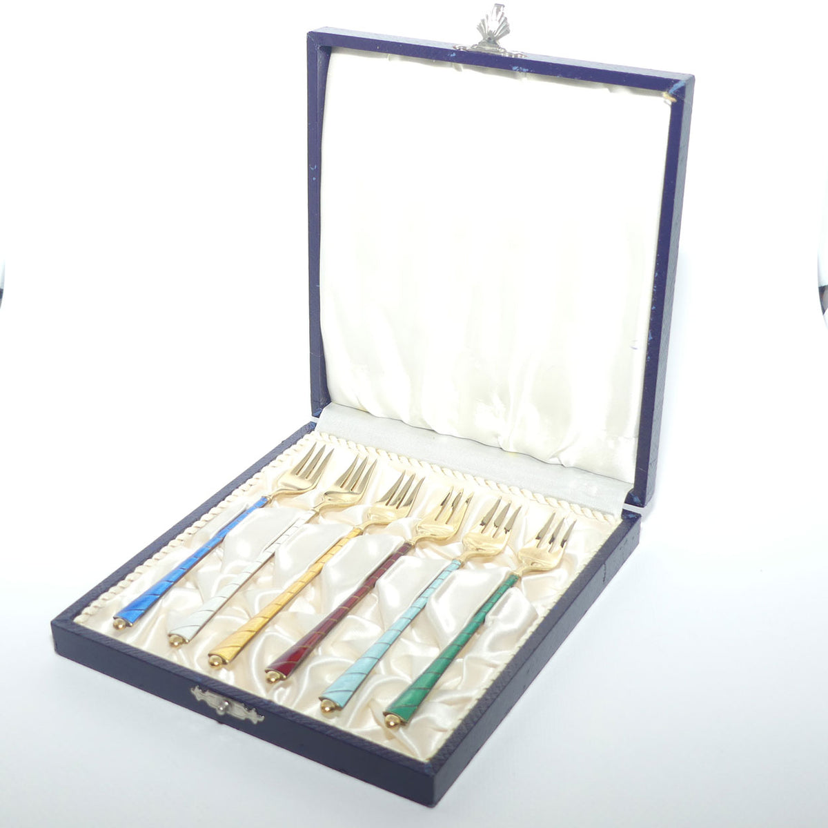 Danish Sterling Silver and Gilt Enamel | Guilloche cocktail forks by Ela Egon Lauridsen | boxed