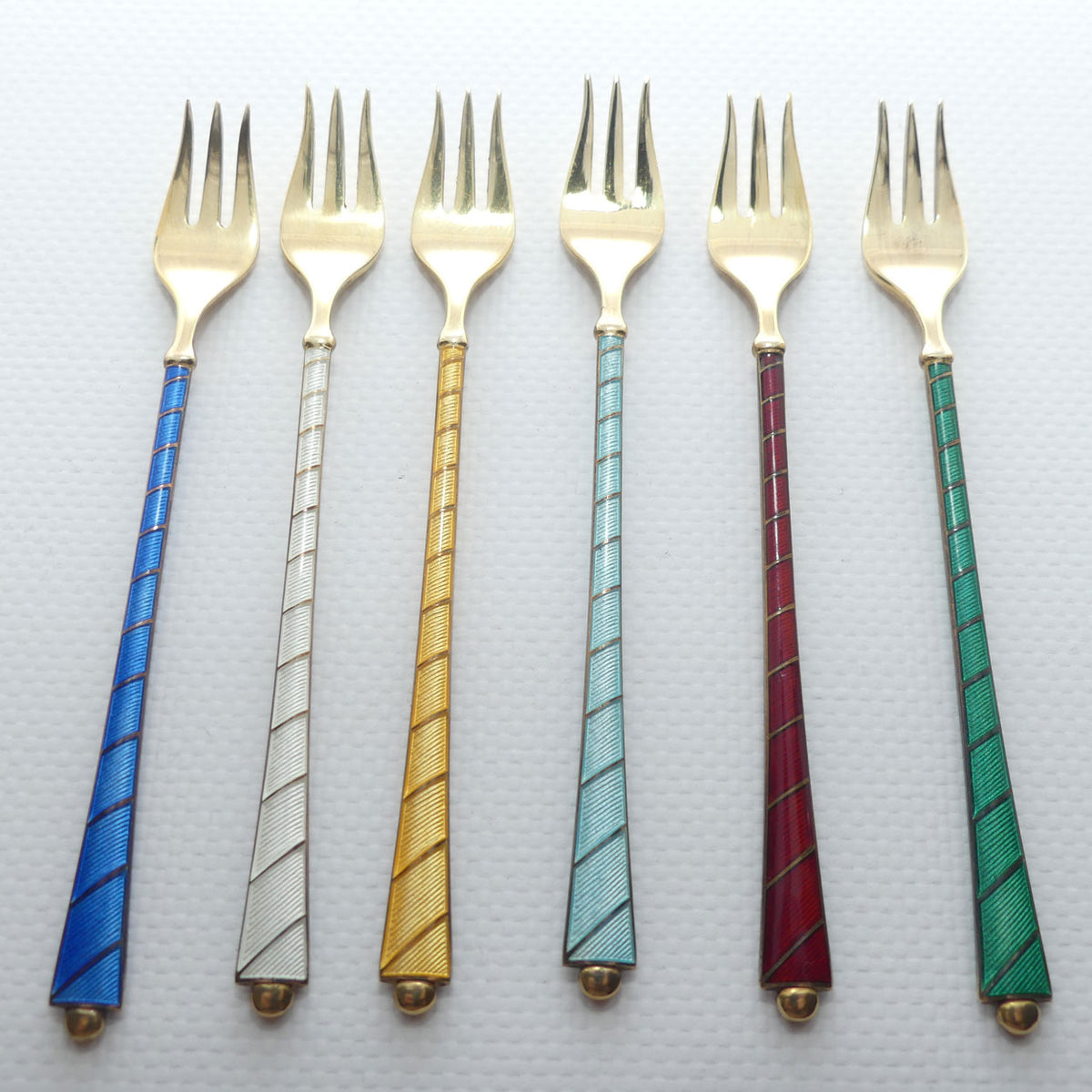 Danish Sterling Silver and Gilt Enamel | Guilloche cocktail forks by Ela Egon Lauridsen | boxed