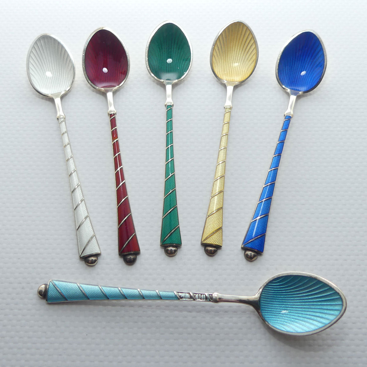 Danish Sterling Silver and Gilt Enamel | Guilloche tea spoons by Ela Egon Lauridsen