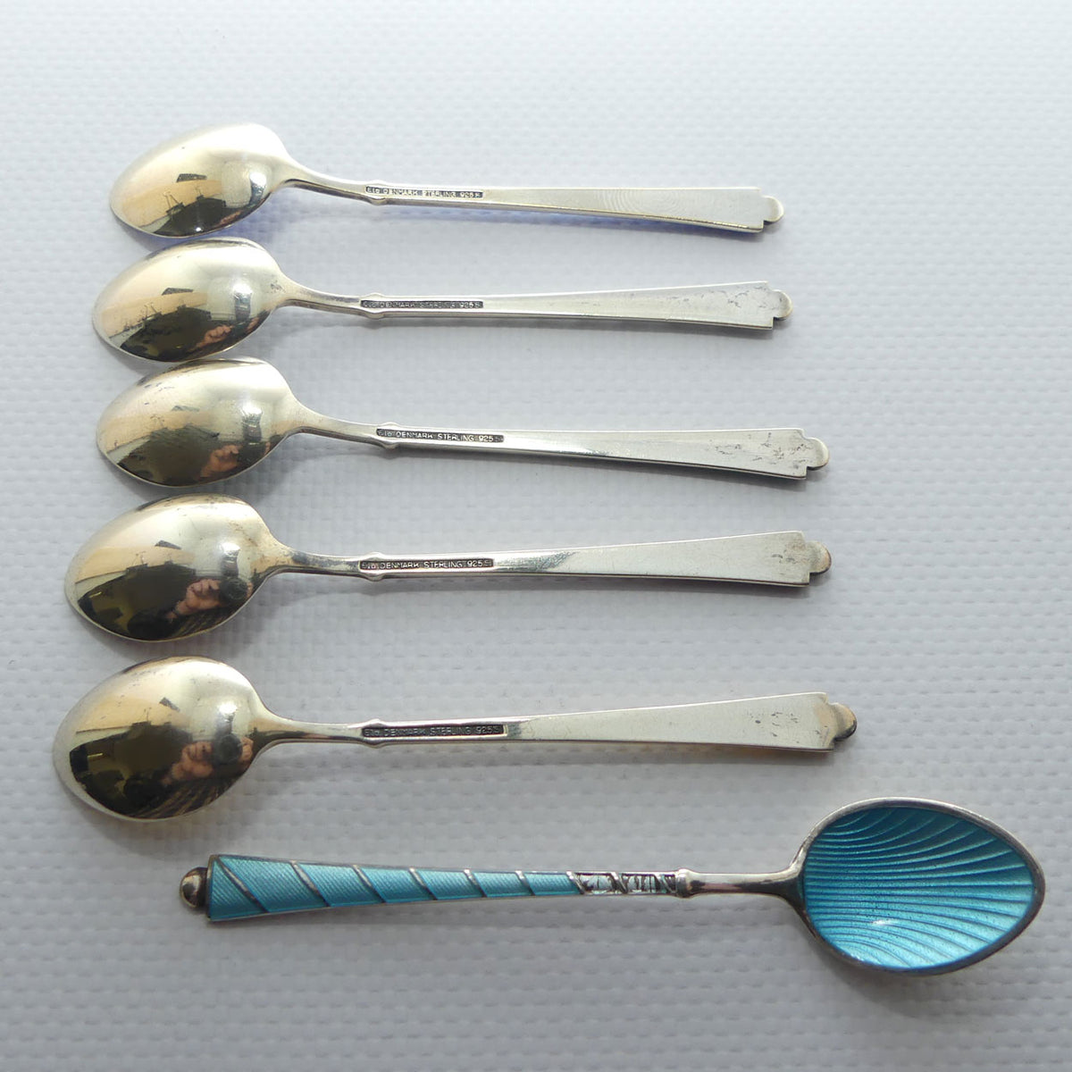 Danish Sterling Silver and Gilt Enamel | Guilloche tea spoons by Ela Egon Lauridsen