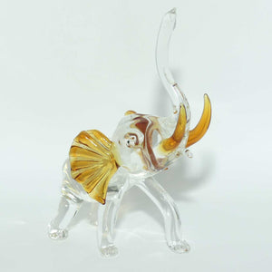 Clear and Amber Murano Glass Elephant with Trunk in Salute