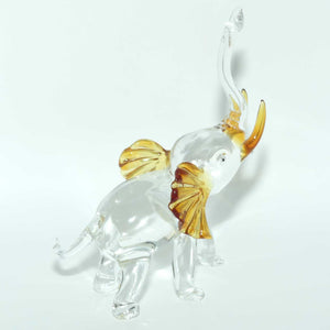 Clear and Amber Murano Glass Elephant with Trunk in Salute