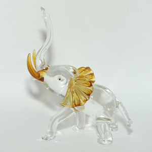 Clear and Amber Murano Glass Elephant with Trunk in Salute