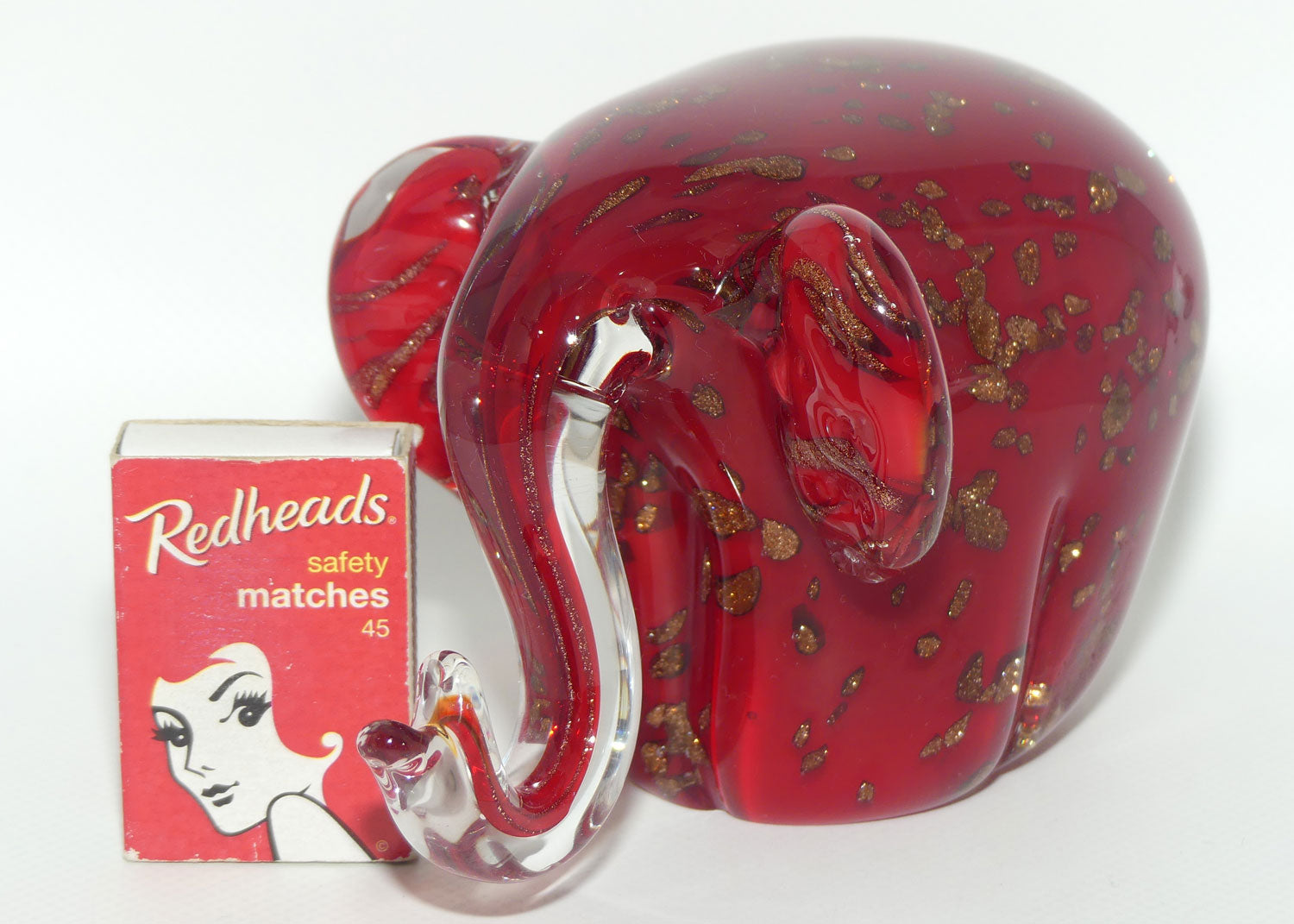 Murano Glass Elephant | Deep Red and Clear with Aventurine Gold