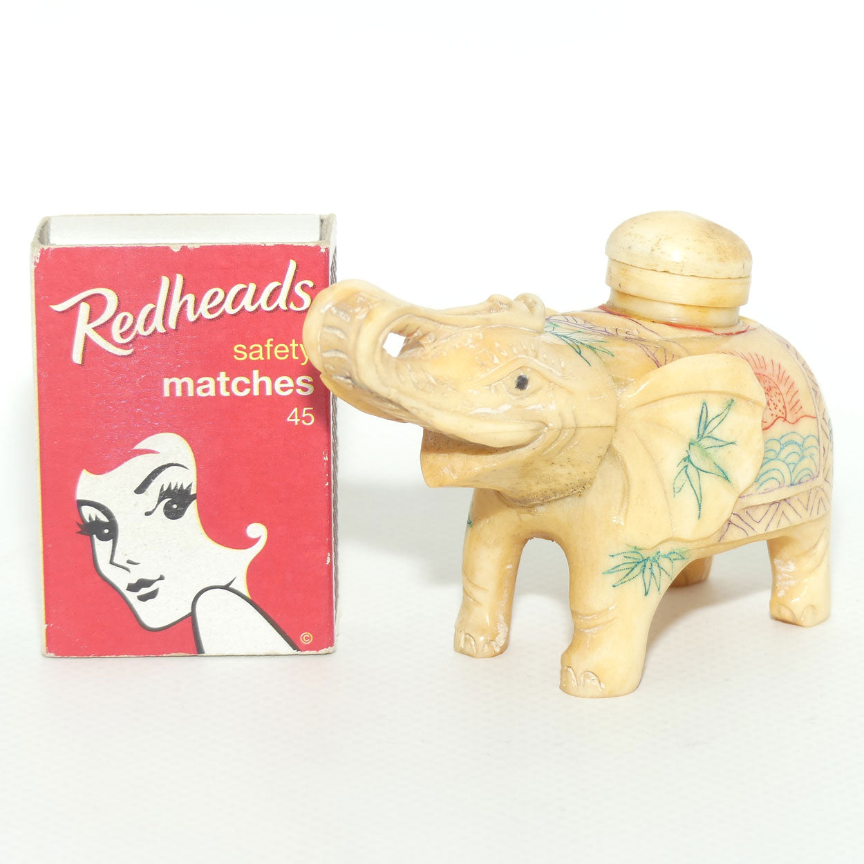 Decorated Bone Figural Elephant Snuff Bottle | Trunk in Salute