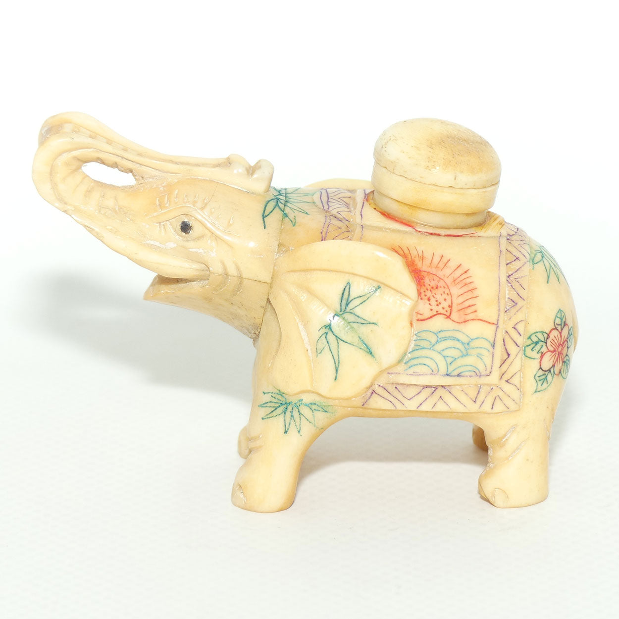 Decorated Bone Figural Elephant Snuff Bottle | Trunk in Salute