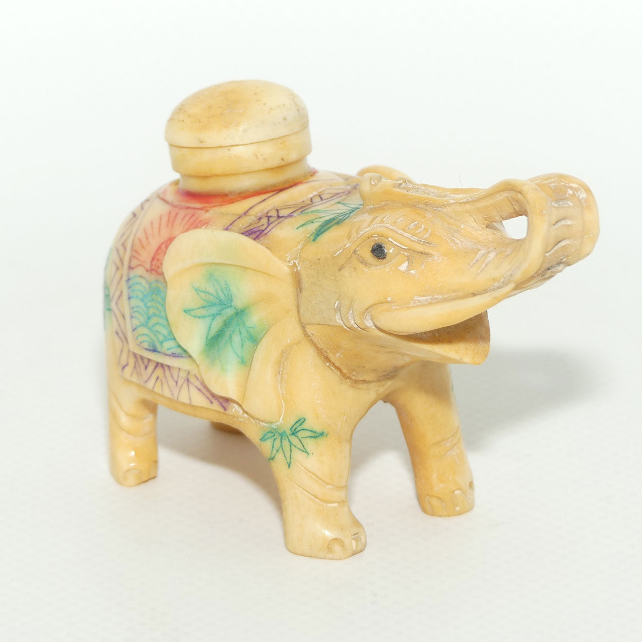 Decorated Bone Figural Elephant Snuff Bottle | Trunk in Salute