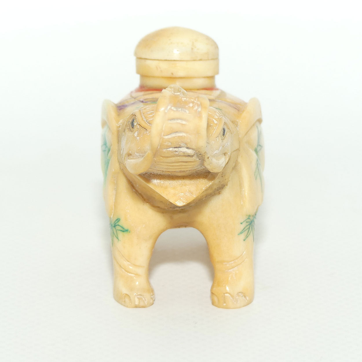 Decorated Bone Figural Elephant Snuff Bottle | Trunk in Salute