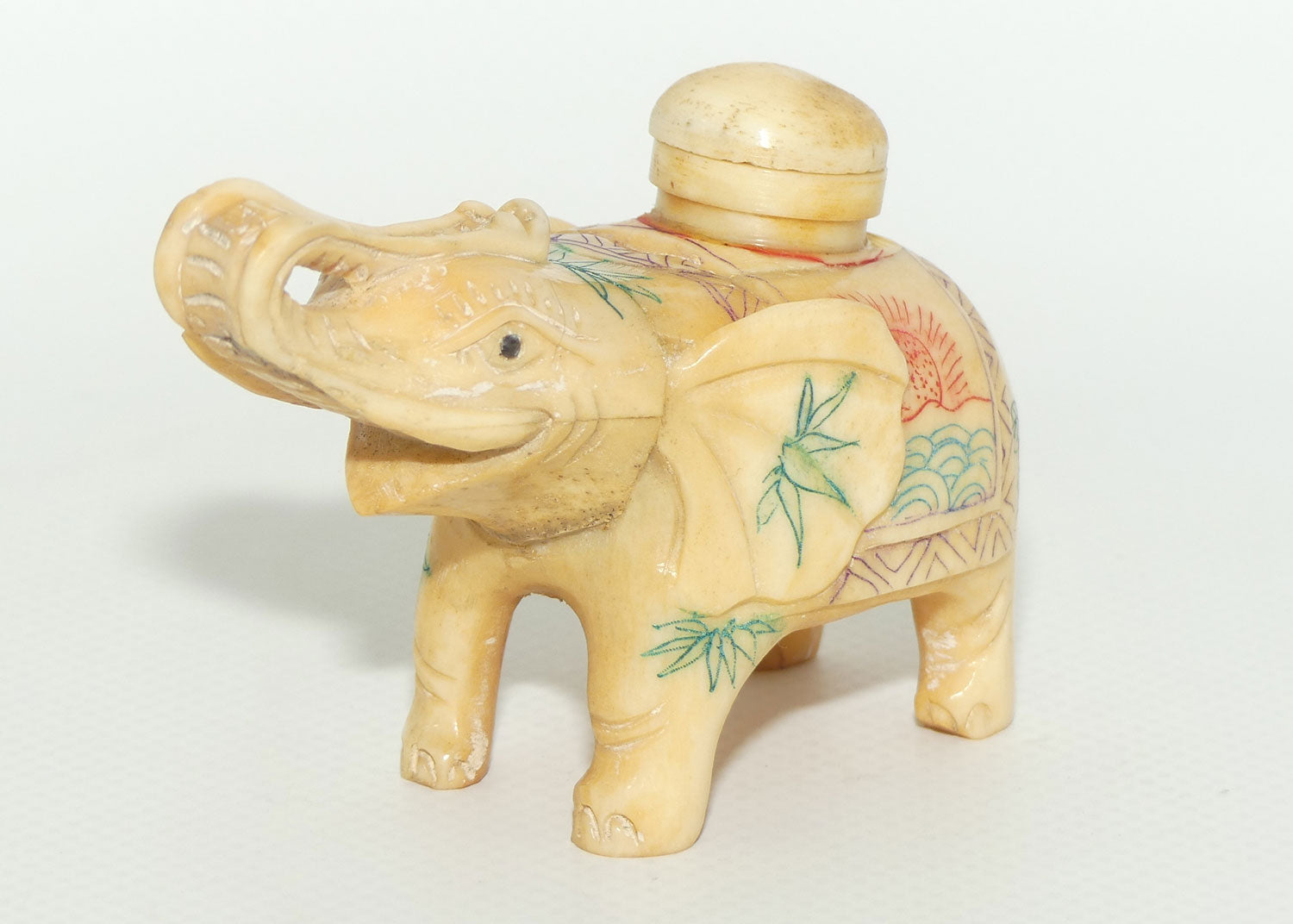 Decorated Bone Figural Elephant Snuff Bottle | Trunk in Salute