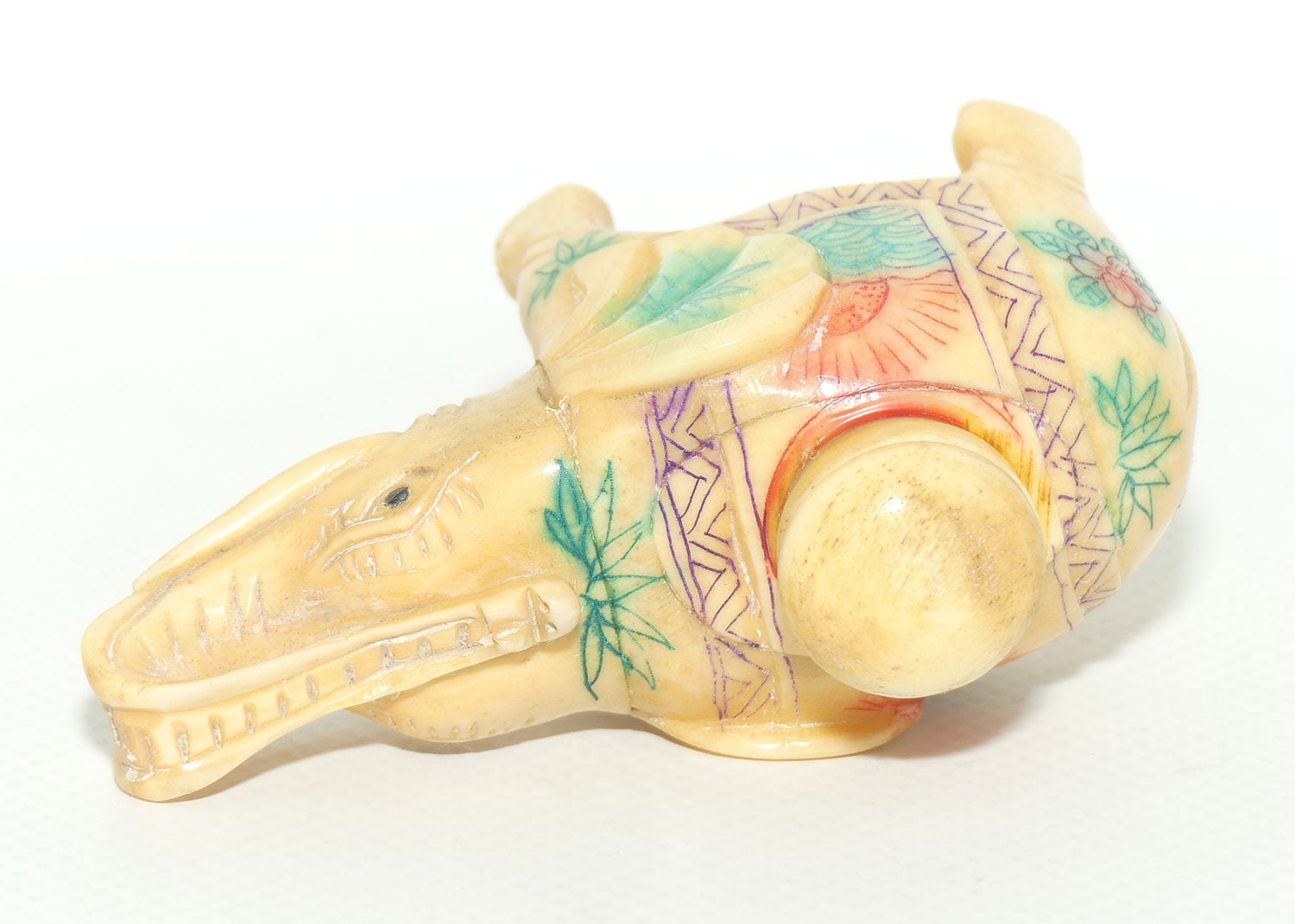 Decorated Bone Figural Elephant Snuff Bottle | Trunk in Salute