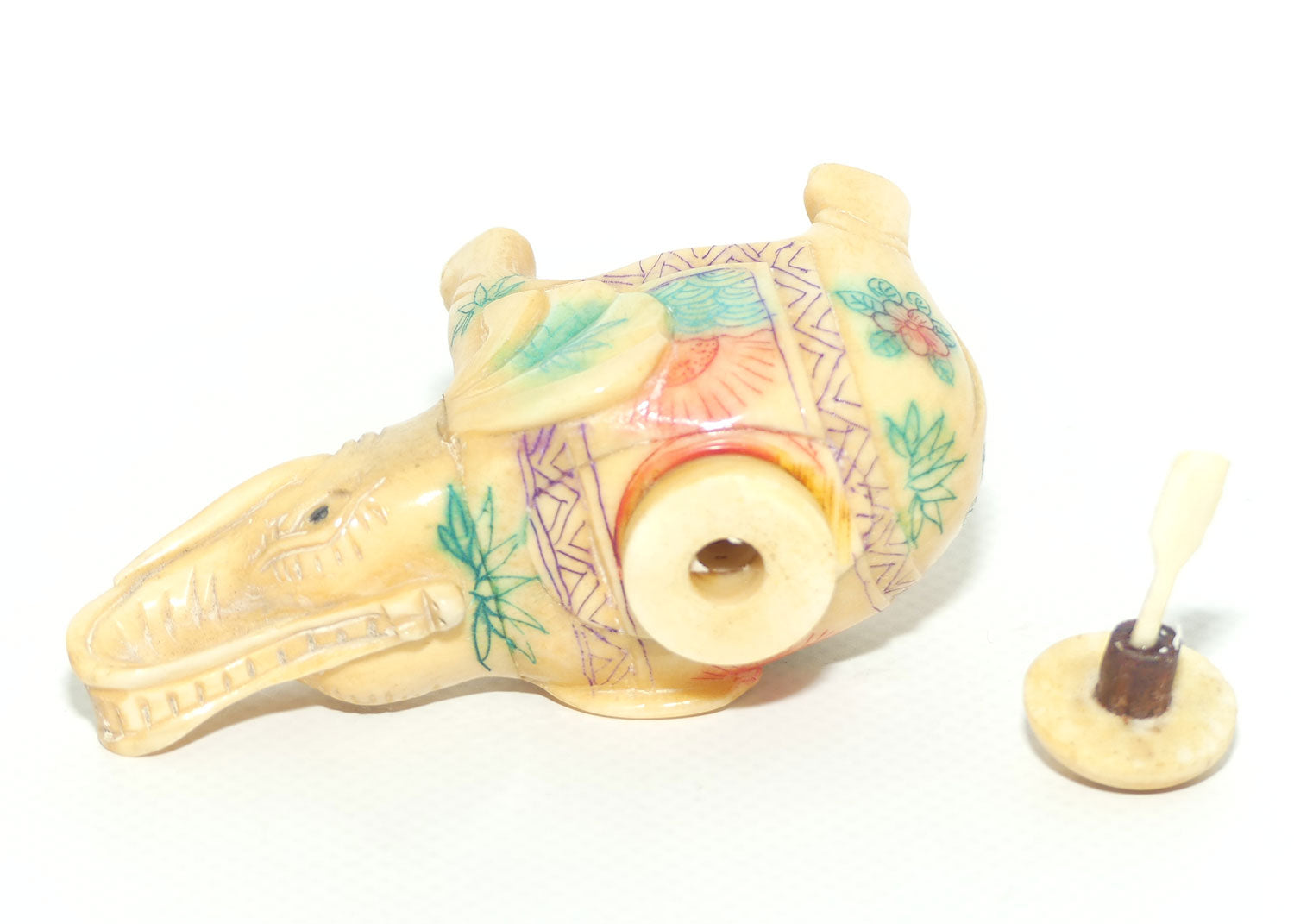 Decorated Bone Figural Elephant Snuff Bottle | Trunk in Salute