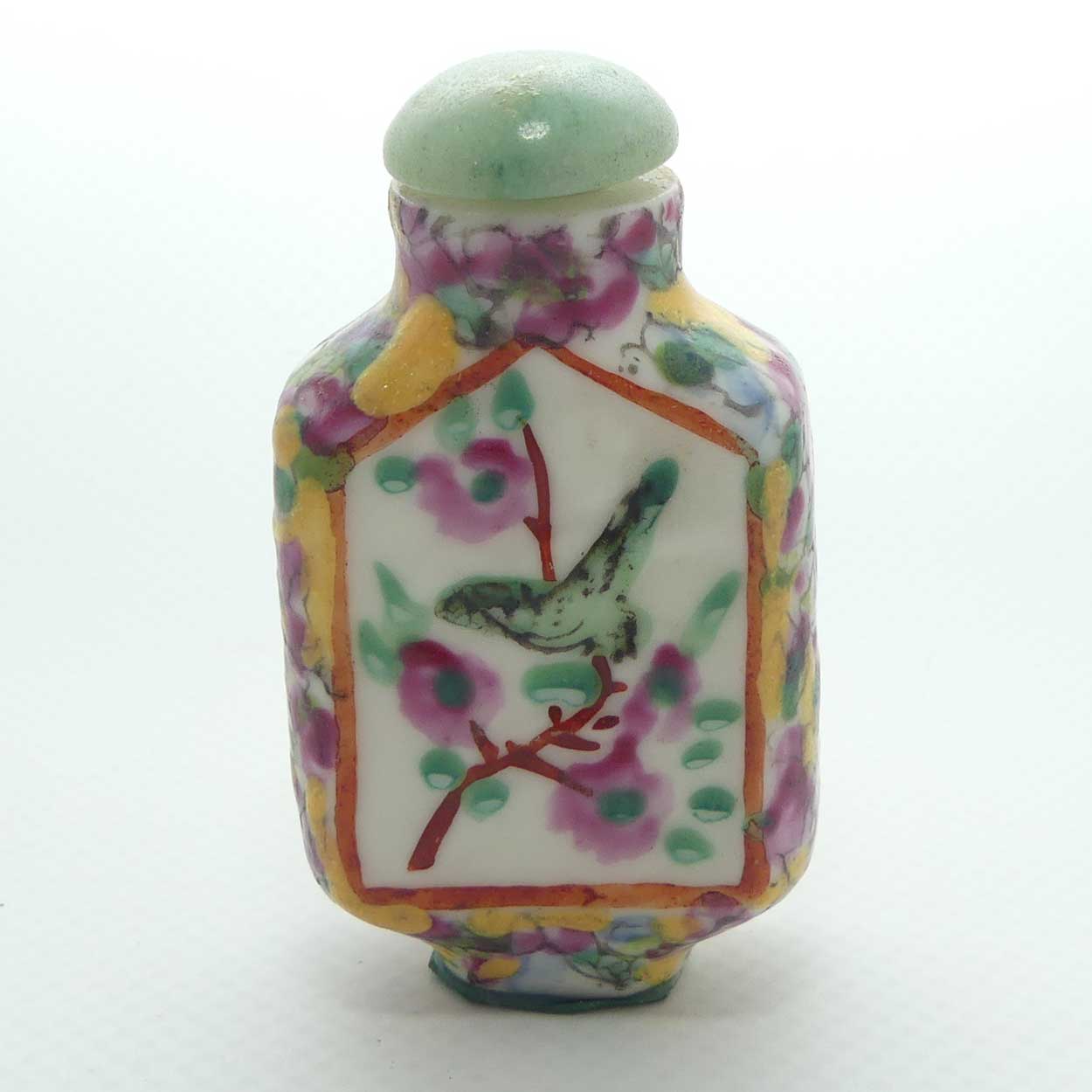 Finely embossed and Painted Oriental Bird scene Snuff Bottle | small
