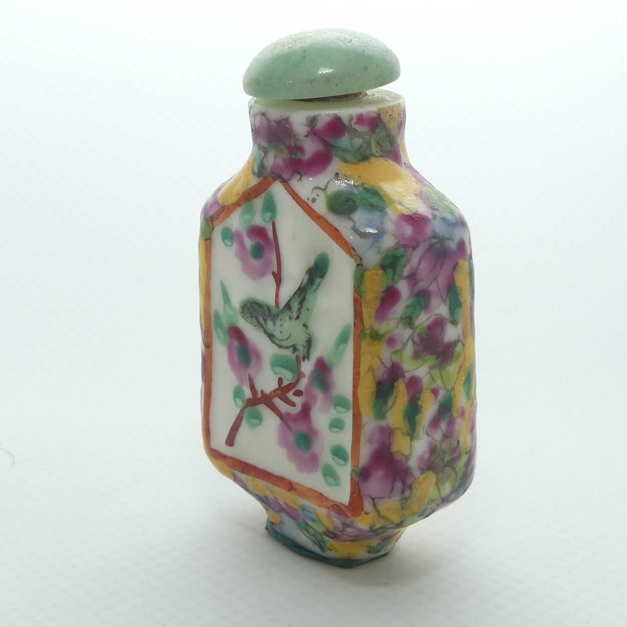 Finely embossed and Painted Oriental Bird scene Snuff Bottle | small