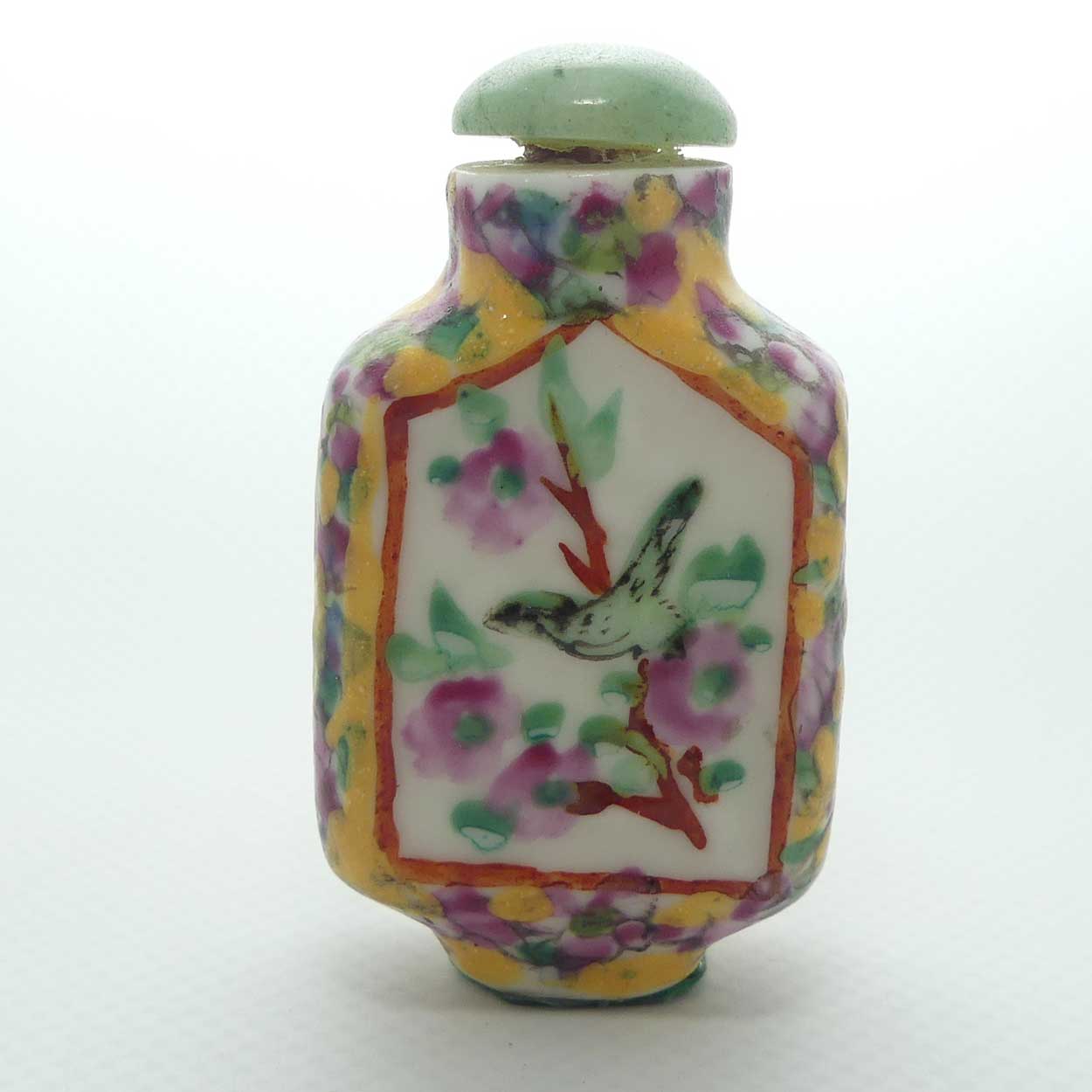 Finely embossed and Painted Oriental Bird scene Snuff Bottle | small