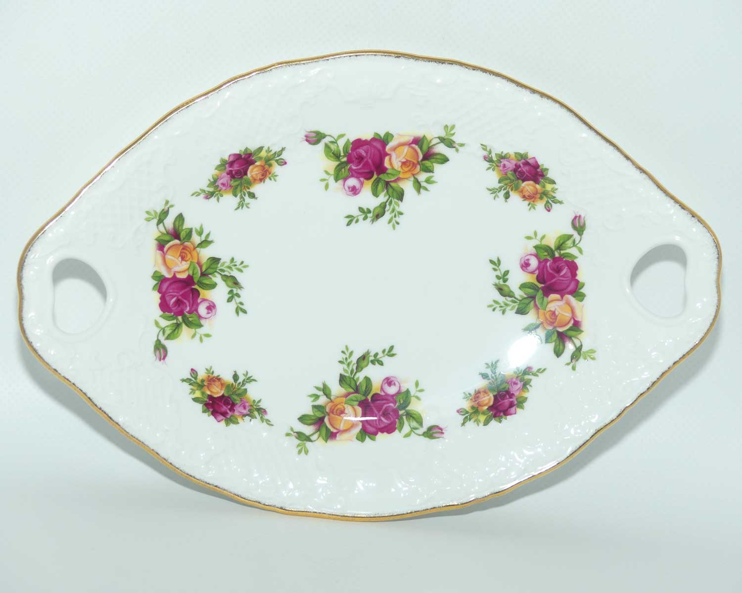 Royal Albert Bone China England Old Country Roses embossed border twin handle tray | 24cm wide | © 1962 Royal Albert Ltd backstamp