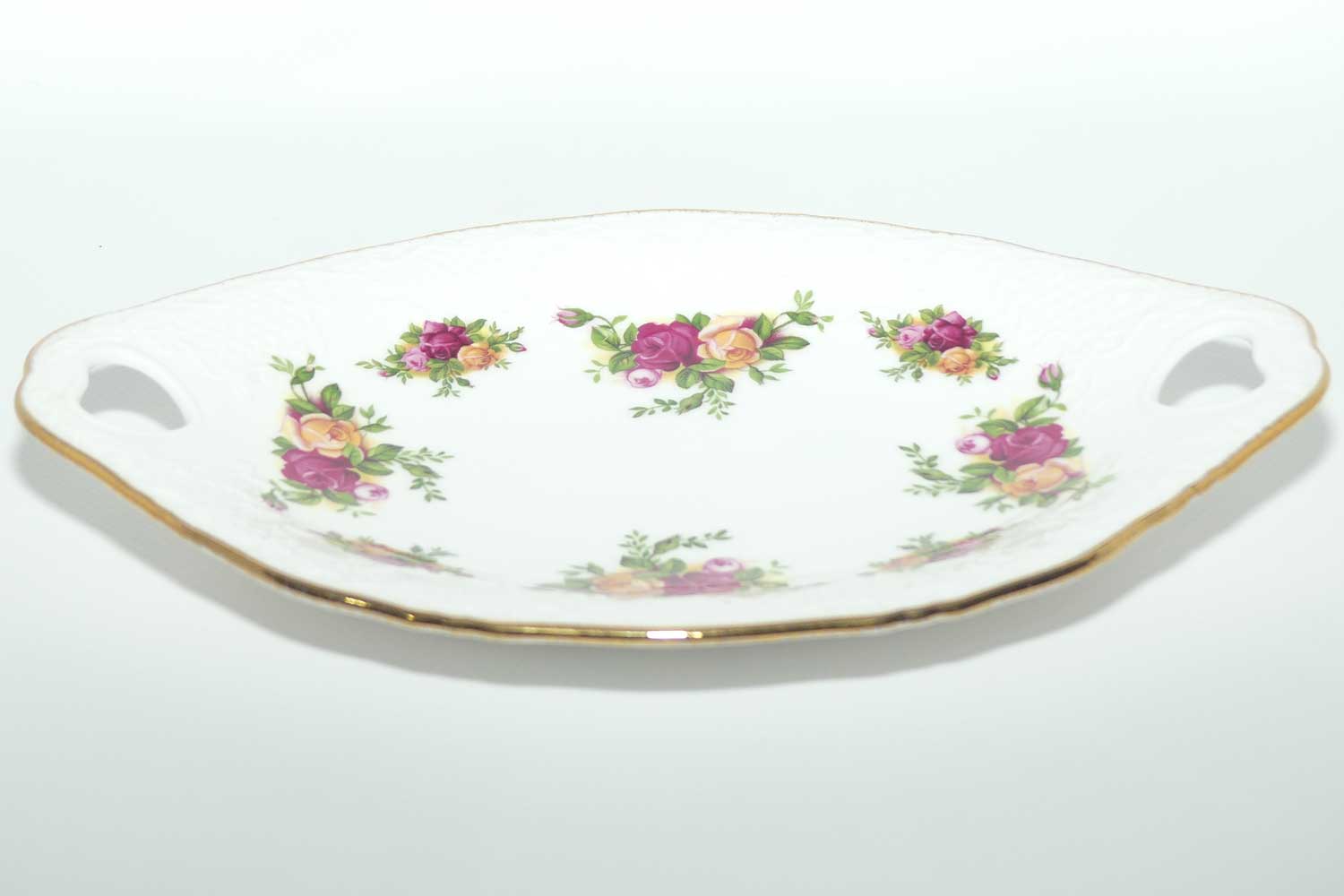 Royal Albert Bone China England Old Country Roses embossed border twin handle tray | 24cm wide | © 1962 Royal Albert Ltd backstamp