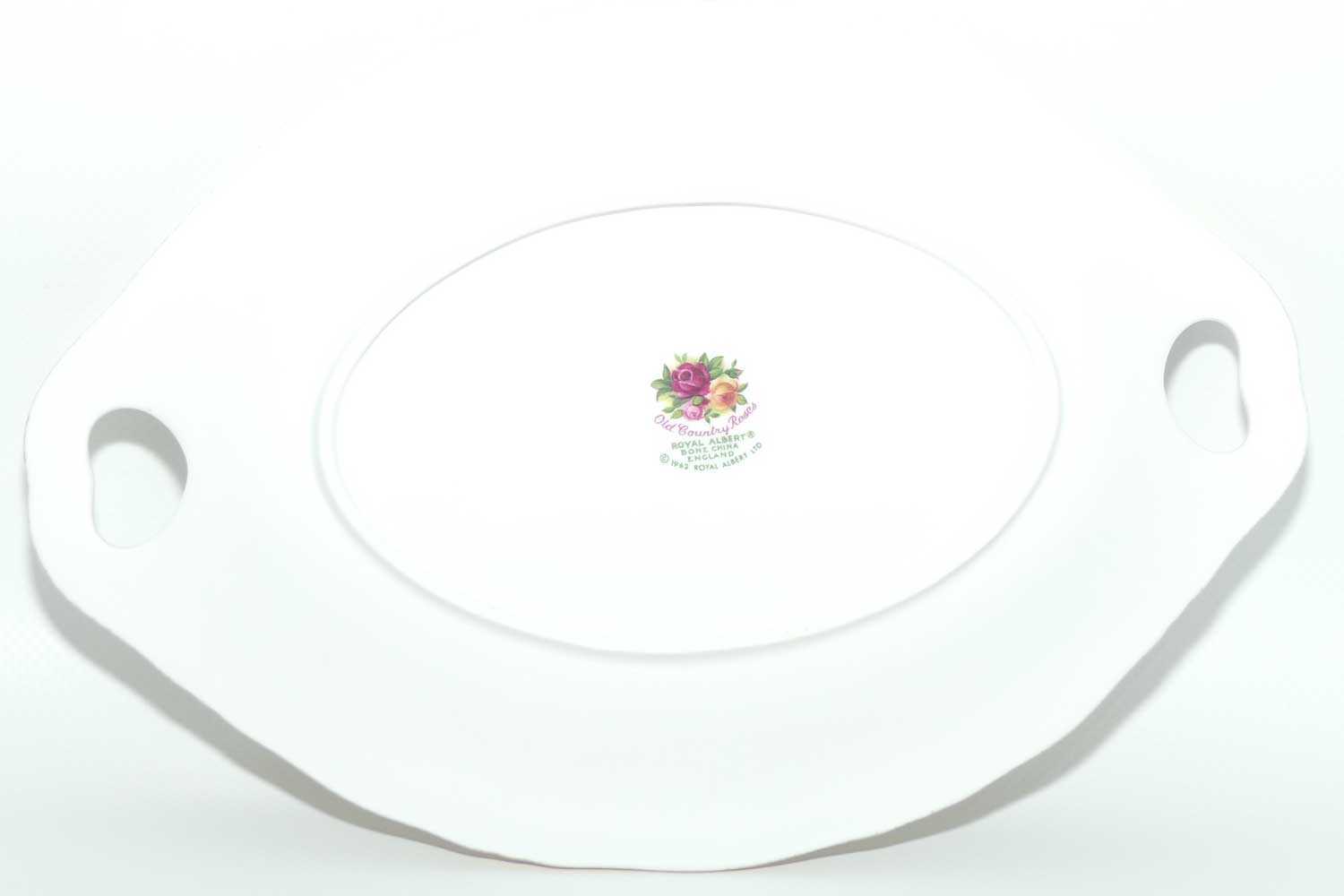 Royal Albert Bone China England Old Country Roses embossed border twin handle tray | 24cm wide | © 1962 Royal Albert Ltd backstamp