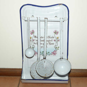 Antique German Enamel Kitchen Utensil rack with Motto