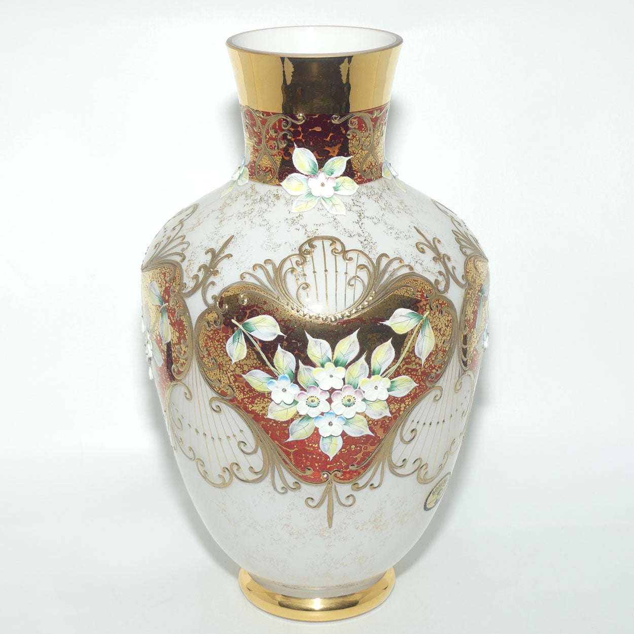Bohemian Art Glass hand enamelled and gilt floral vase