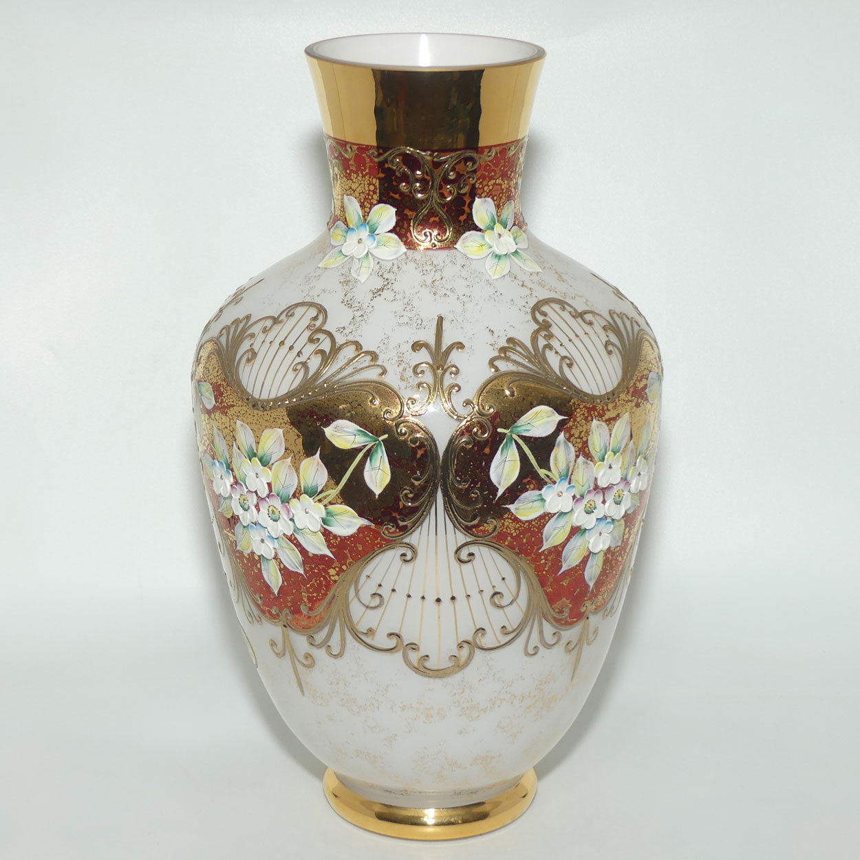 Bohemian Art Glass hand enamelled and gilt floral vase