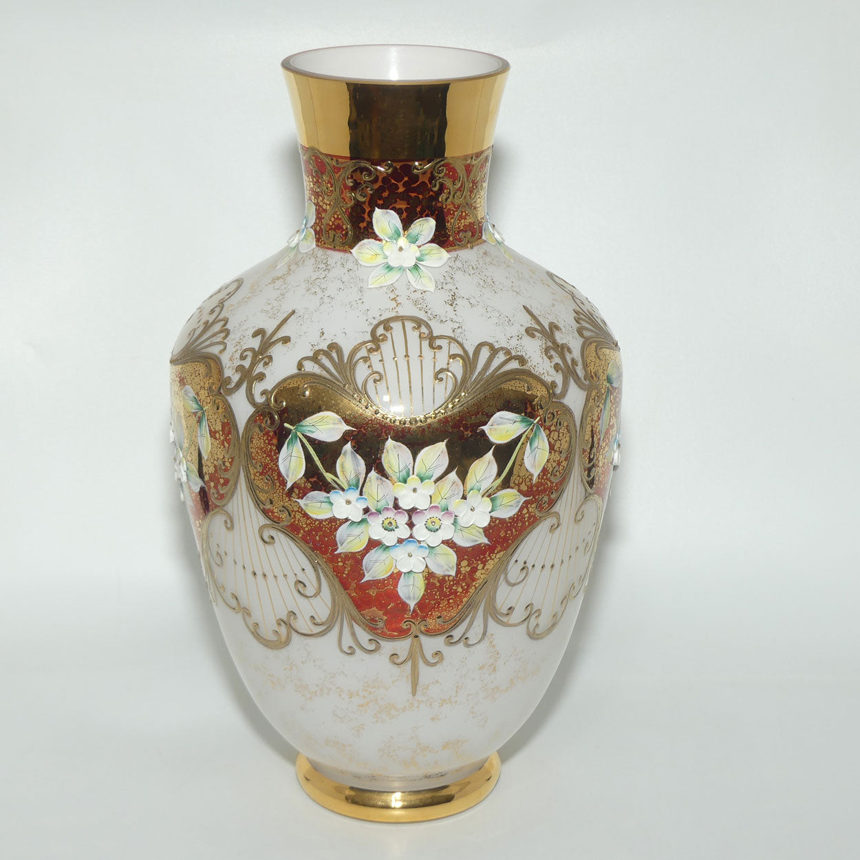 Bohemian Art Glass hand enamelled and gilt floral vase