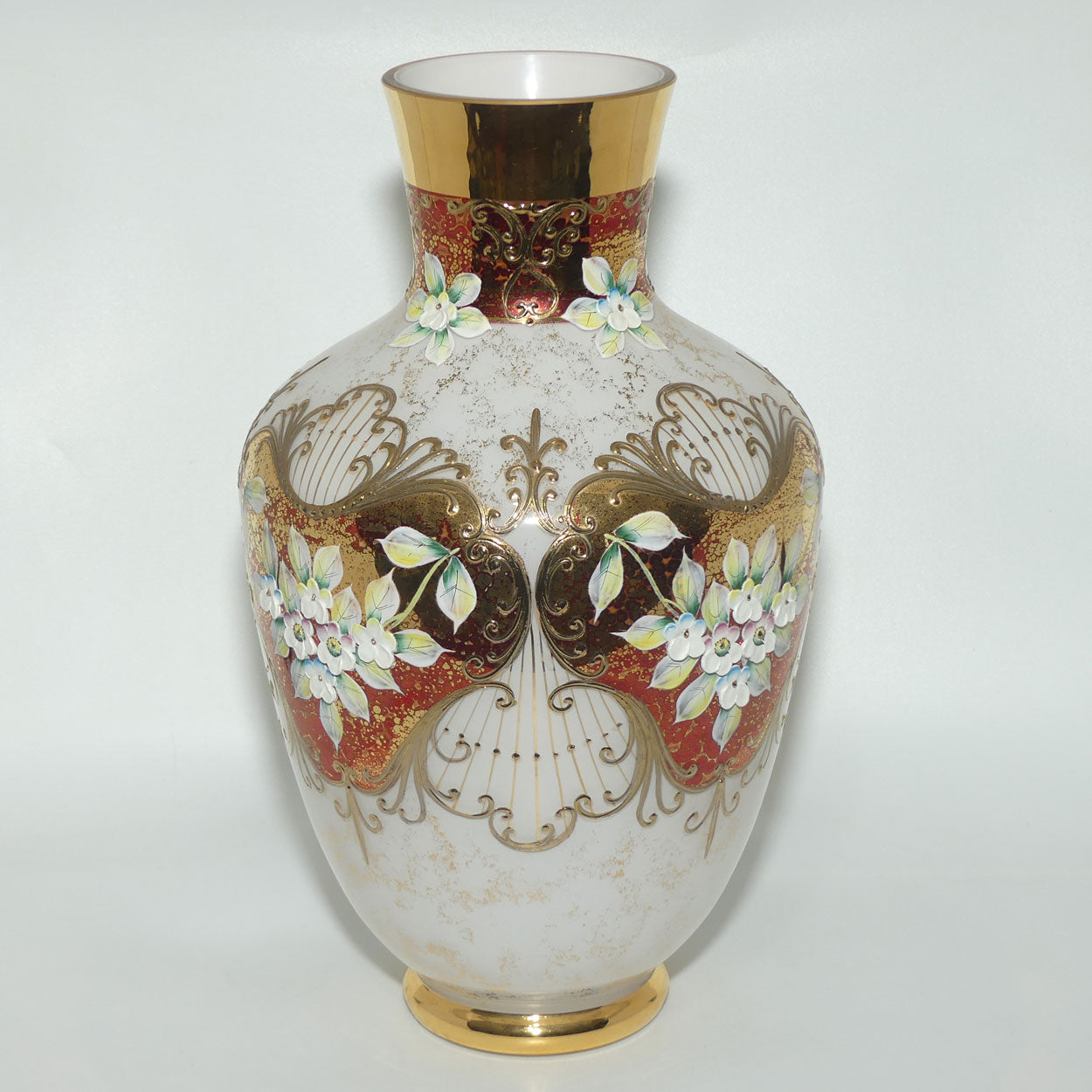Bohemian Art Glass hand enamelled and gilt floral vase
