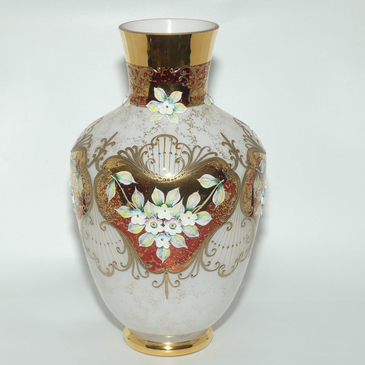 Bohemian Art Glass hand enamelled and gilt floral vase