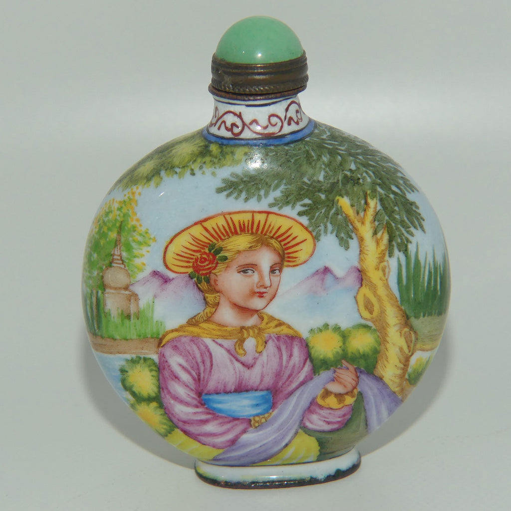 Chinese Hand Painted Enamel on Copper Snuff bottle | European Ladies on Either side