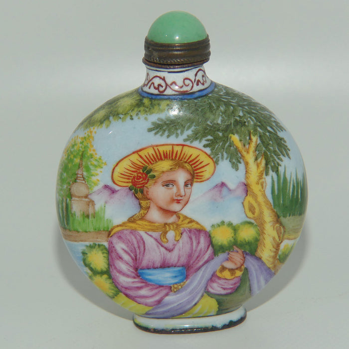 Chinese Hand Painted Enamel on Copper Snuff bottle | European Ladies on Either side | Green lid