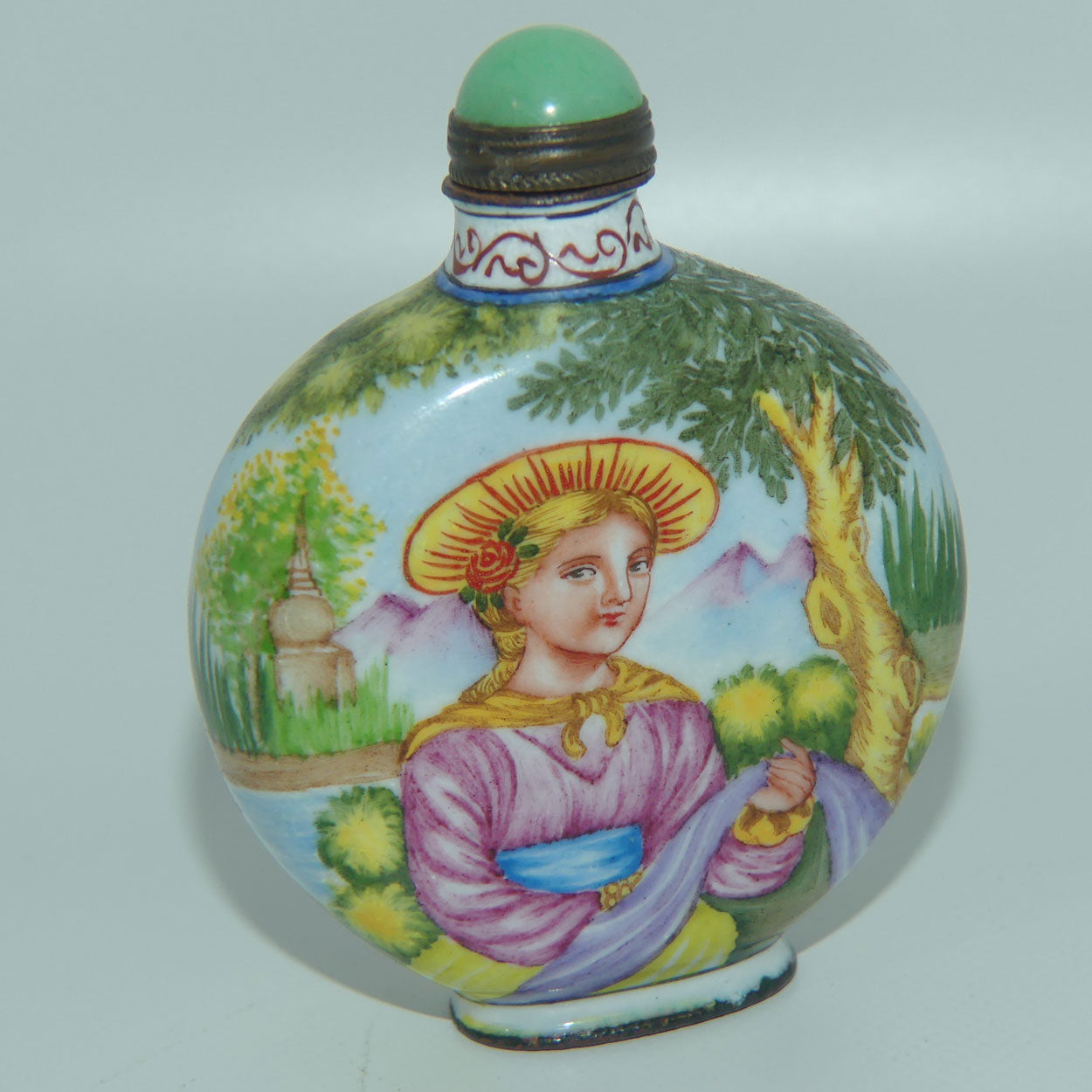 Chinese Hand Painted Enamel on Copper Snuff bottle | European Ladies on Either side