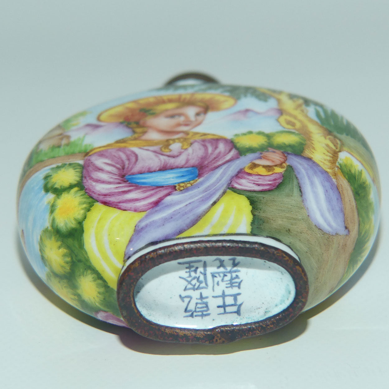 Chinese Hand Painted Enamel on Copper Snuff bottle | European Ladies on Either side