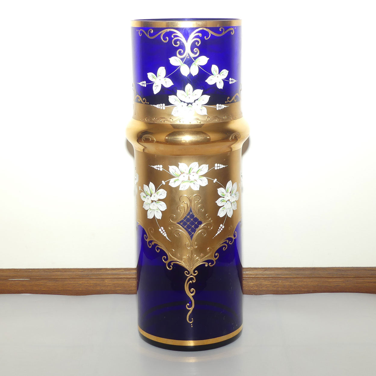 Bohemia Crystal Slavia Glassworks Rich Blue and Gilt, Floral enamelled vase | 60cm
