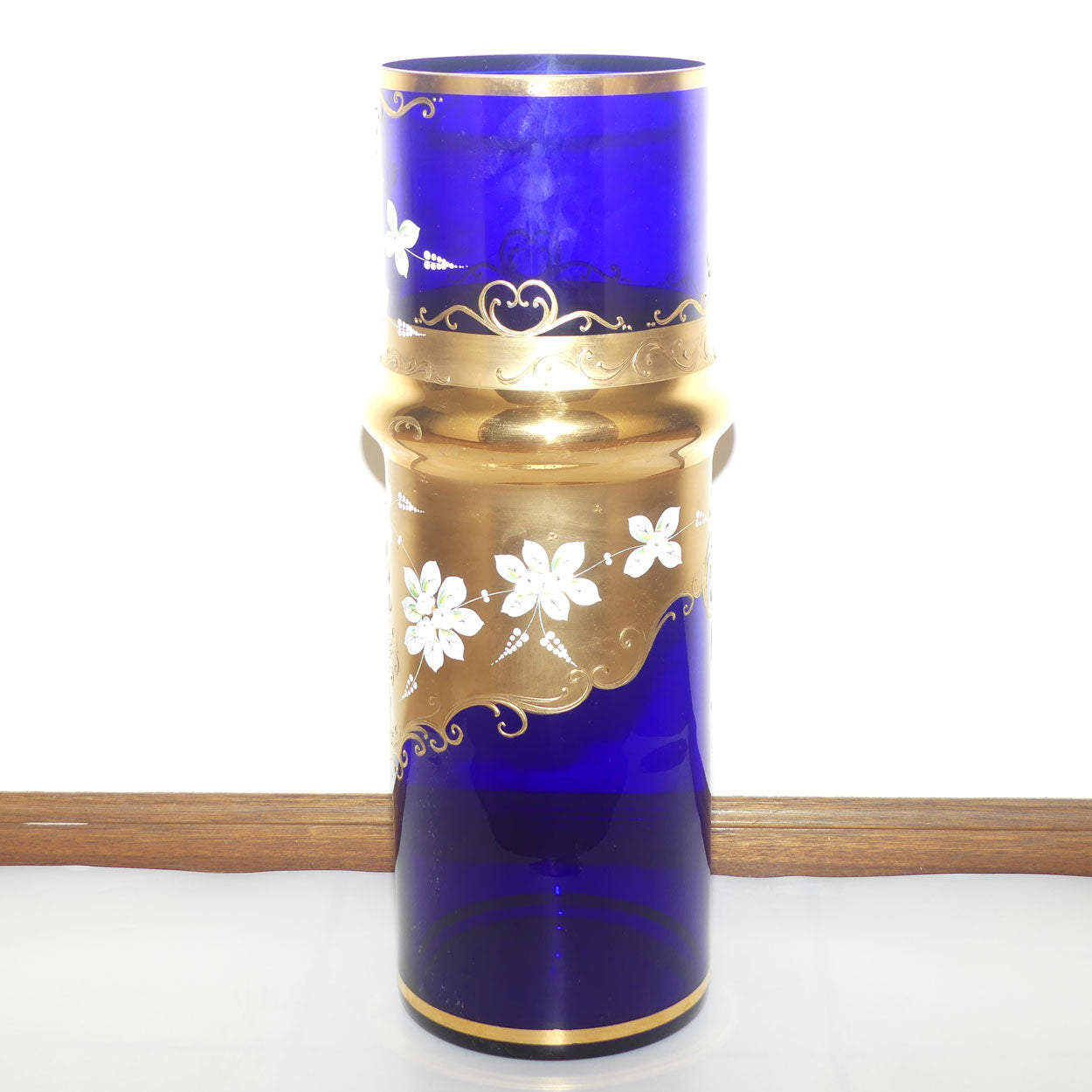 Bohemia Crystal Slavia Glassworks Rich Blue and Gilt, Floral enamelled vase | 60cm
