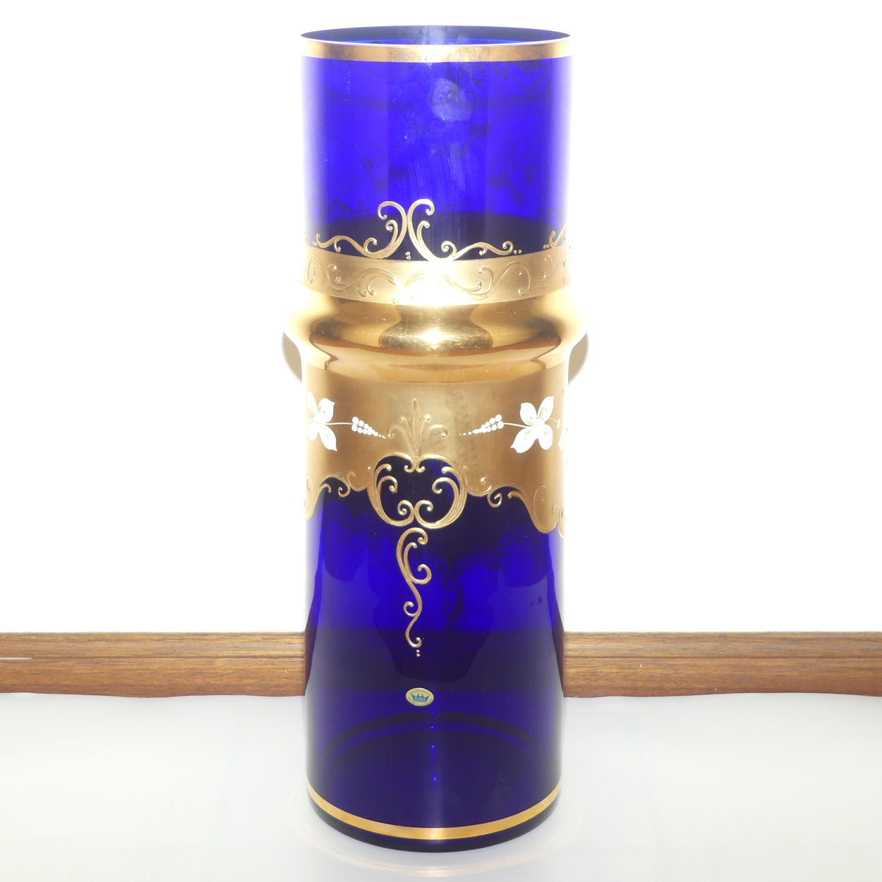 Bohemia Crystal Slavia Glassworks Rich Blue and Gilt, Floral enamelled vase | 60cm