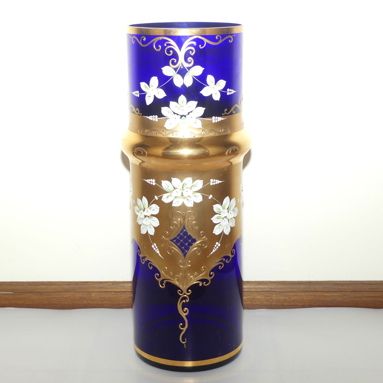 Bohemia Crystal Slavia Glassworks Rich Blue and Gilt, Floral enamelled vase | 60cm