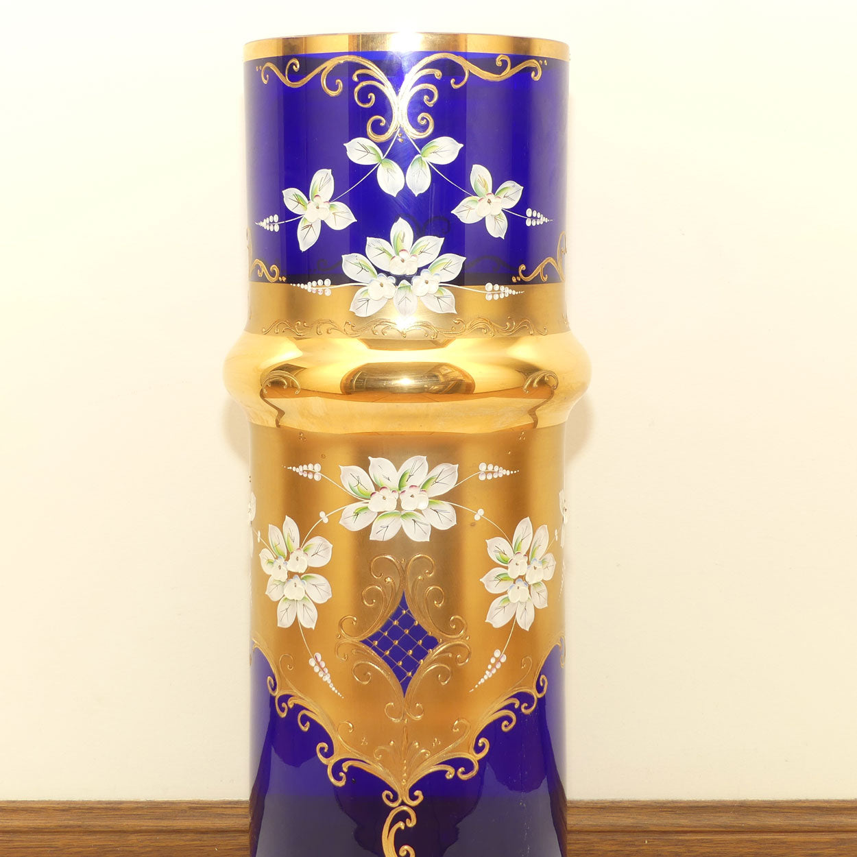 Bohemia Crystal Slavia Glassworks Rich Blue and Gilt, Floral enamelled vase | 60cm