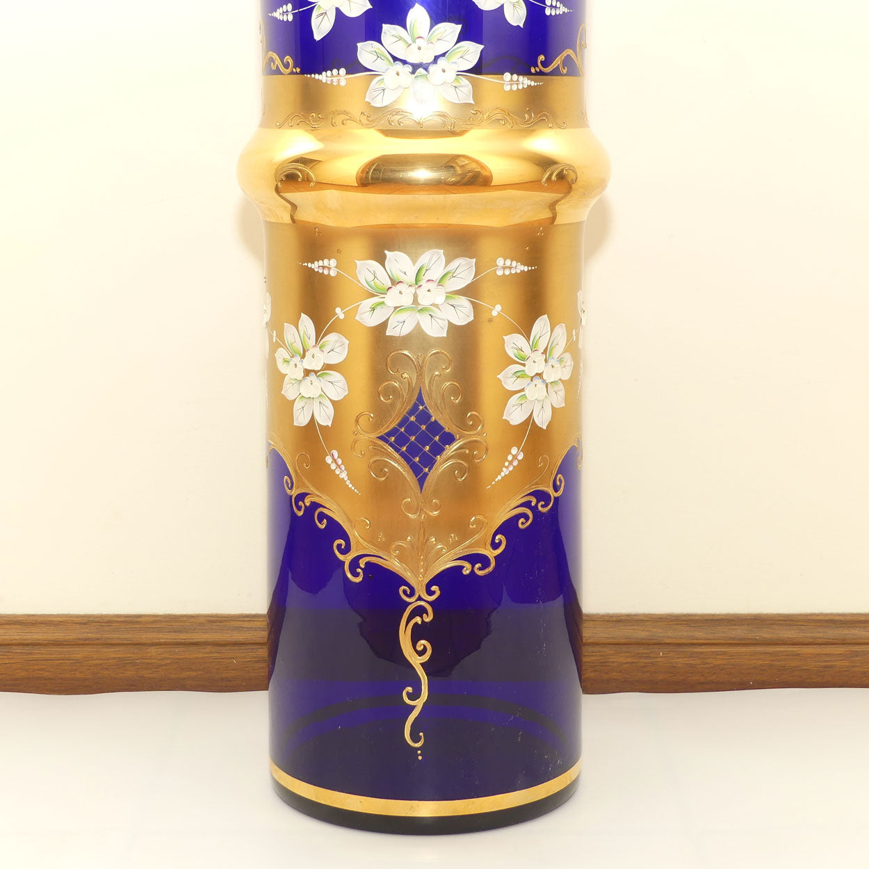 Bohemia Crystal Slavia Glassworks Rich Blue and Gilt, Floral enamelled vase | 60cm